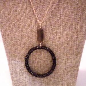 Gold Tone Black Beaded Circle Pendant Necklace